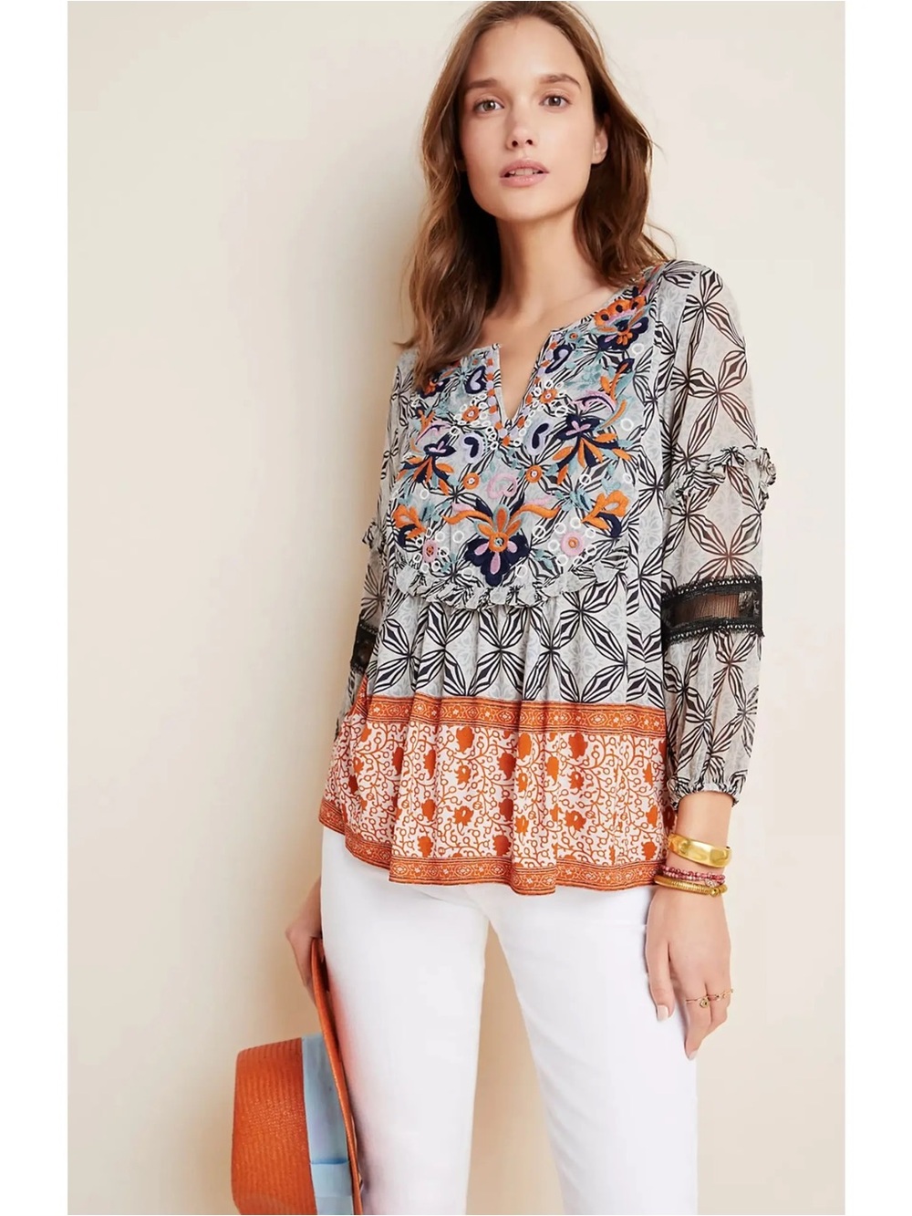 Anthropologie Black & White Tunic with Orange Floral Embroidery